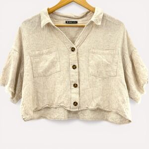 Very J Linen Blend Cropped Button Shirt Raw Hem Boho Boxy Top Oatmeal L Coastal